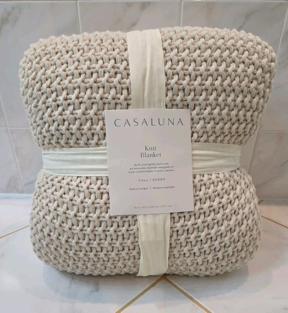 Casaluna Knit Blanket Full Queen 90x92 Beige Chunky Knit Acrylic Soft Cozy